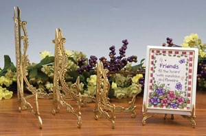 Plate Stands:  Ornate Antique Brass Stands